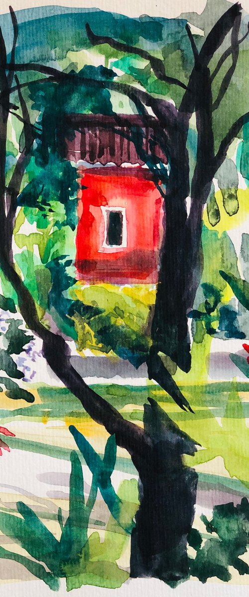 Red Villa through the trees, Greece by Annie Meier