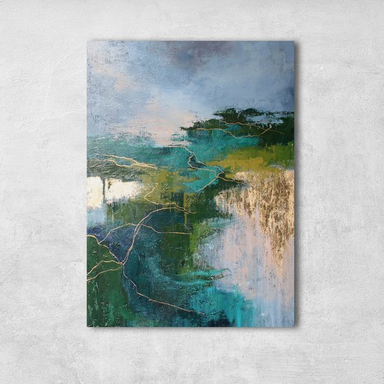"Aspen 2" Abstract nature green gold art
