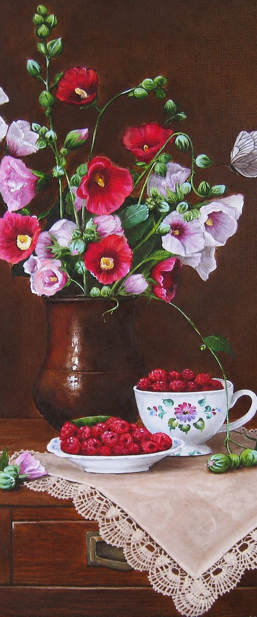 Hollyhocks and Raspberries Still Life by Natalia Shaykina