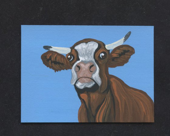 ACEO ATC Original Miniature Painting Brown Cow Farmyard Art-Carla Smale