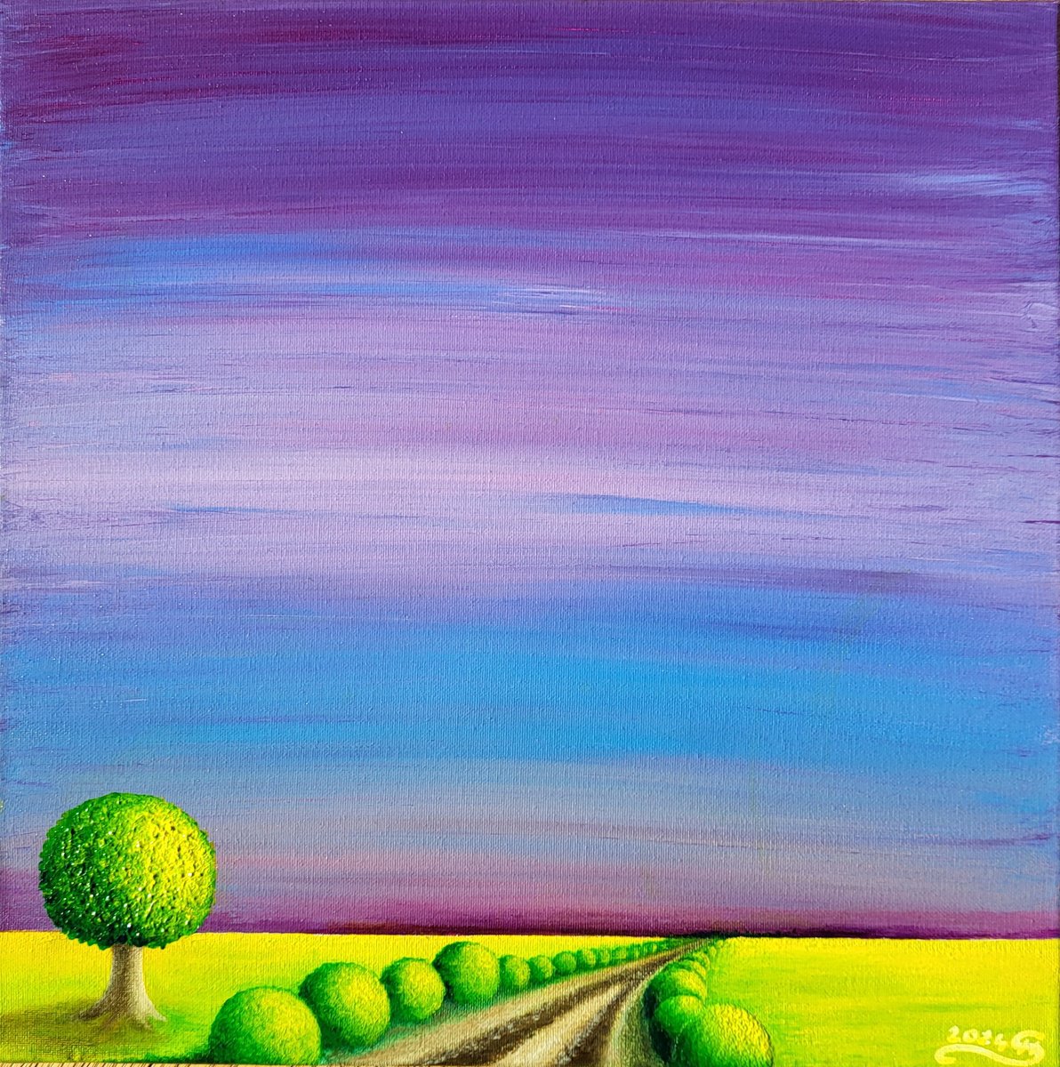 Surrealistic Landscape Acrylic Painting By Silvija Horvat, 16 X 16", Lone Tree #20, Original Artwork