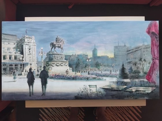 Two silhouettes on Republic sq