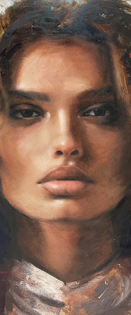 A closer gaze, XL oil painting of a strong portrait brunette fierce model by Renske Karlien Hercules