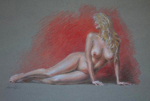 Nude Blonde with Red Drapery by Anatol Woolf