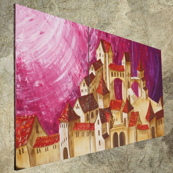surrealistic Purple Old town in Italy 100x180x2 cm S048 Dolche Acqua palette knife Large paintings decor original big art ready to hang painting acrylic on stretched canvas glossy wall art