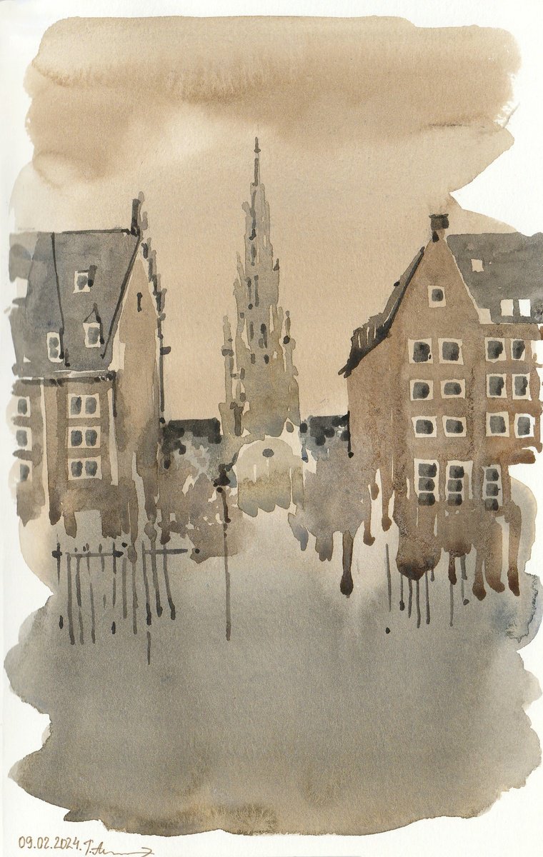 Impressionistic Cityscapes Watercolour By Tatiana Alekseeva, 5 X 8", Grand-Place In Brussels, Original Artwork