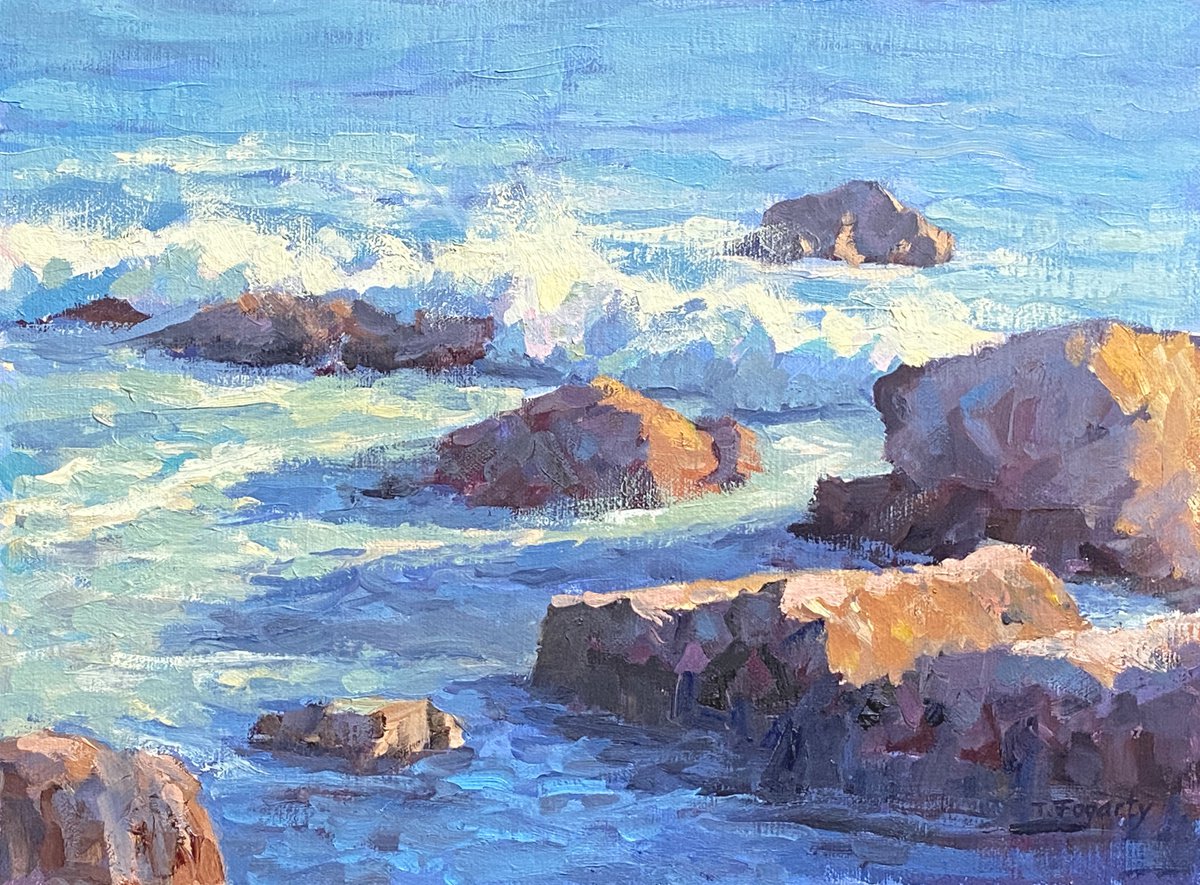 Impressionistic Landscape Oil Painting By Tatyana Fogarty, 12 X 9", Waves And Rocks, Original Artwork