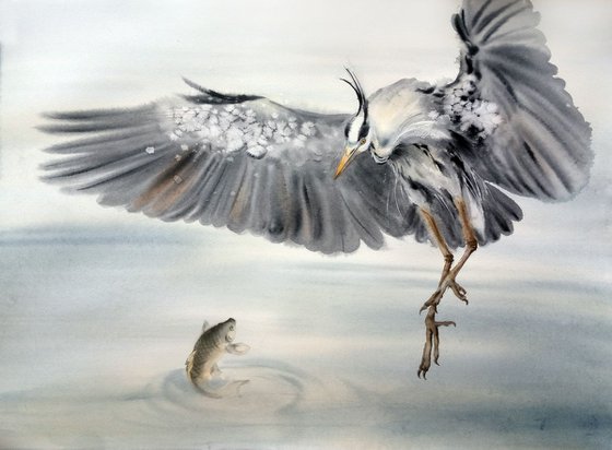 You're... Immortal? - Grey heron & Carp - Great Blue Heron - bird painting -  heron - koi carp