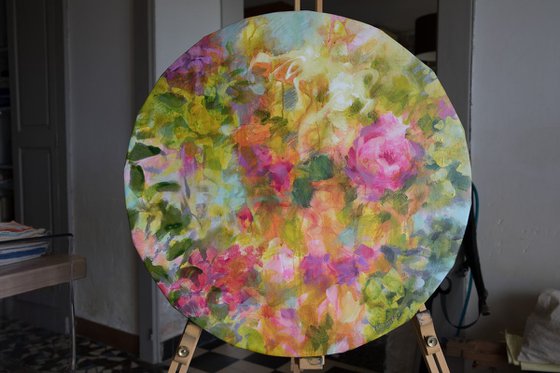 Spring - floral tondo - original abstract painting on circular canvas