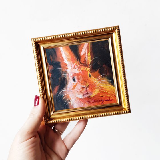 Red rabbit painting original framed 4x4, Small painting framed cute rabbit artwork, Bunny pet painting for nursery