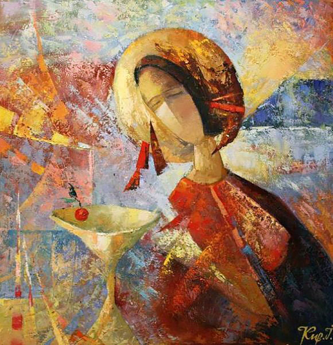 Impressionistic Abstract Oil Painting By Ivan Kirilenko, 31 X 31, Cup Of Goodness, Original Artwork