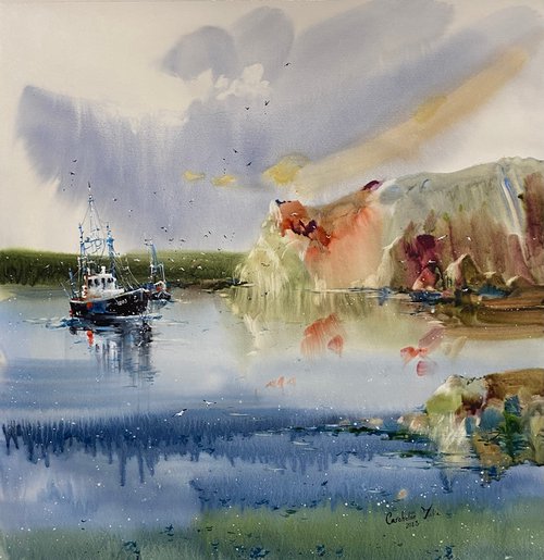 Watercolor "Old fishing boat” gift For Him by Iulia Carchelan