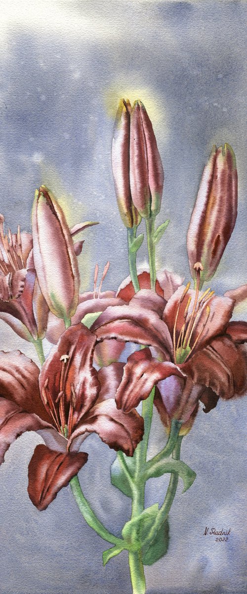 Ukrainian watercolour. Cold morning. Lilies by Nina Zakharova