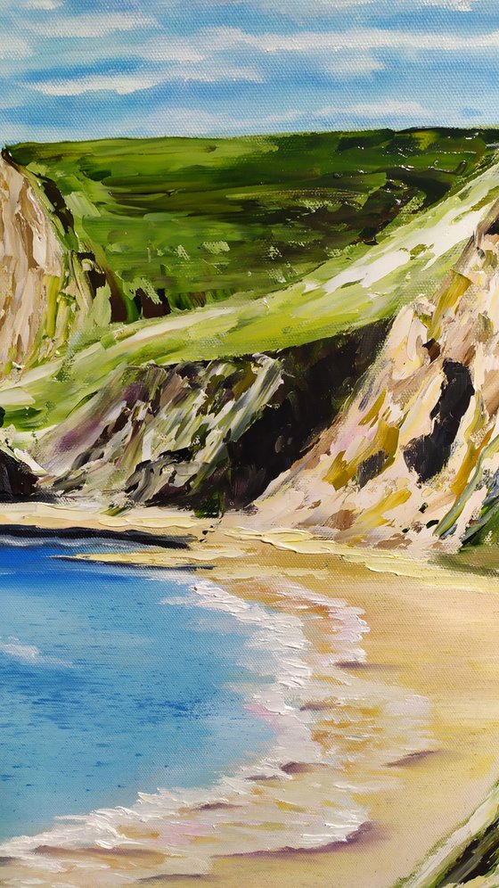 Coastline in England, original landscape sea oil painting, Gift, bedroom painting