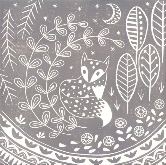 Daniel Fox in grey, limited edition scandinavian folk art linocut print