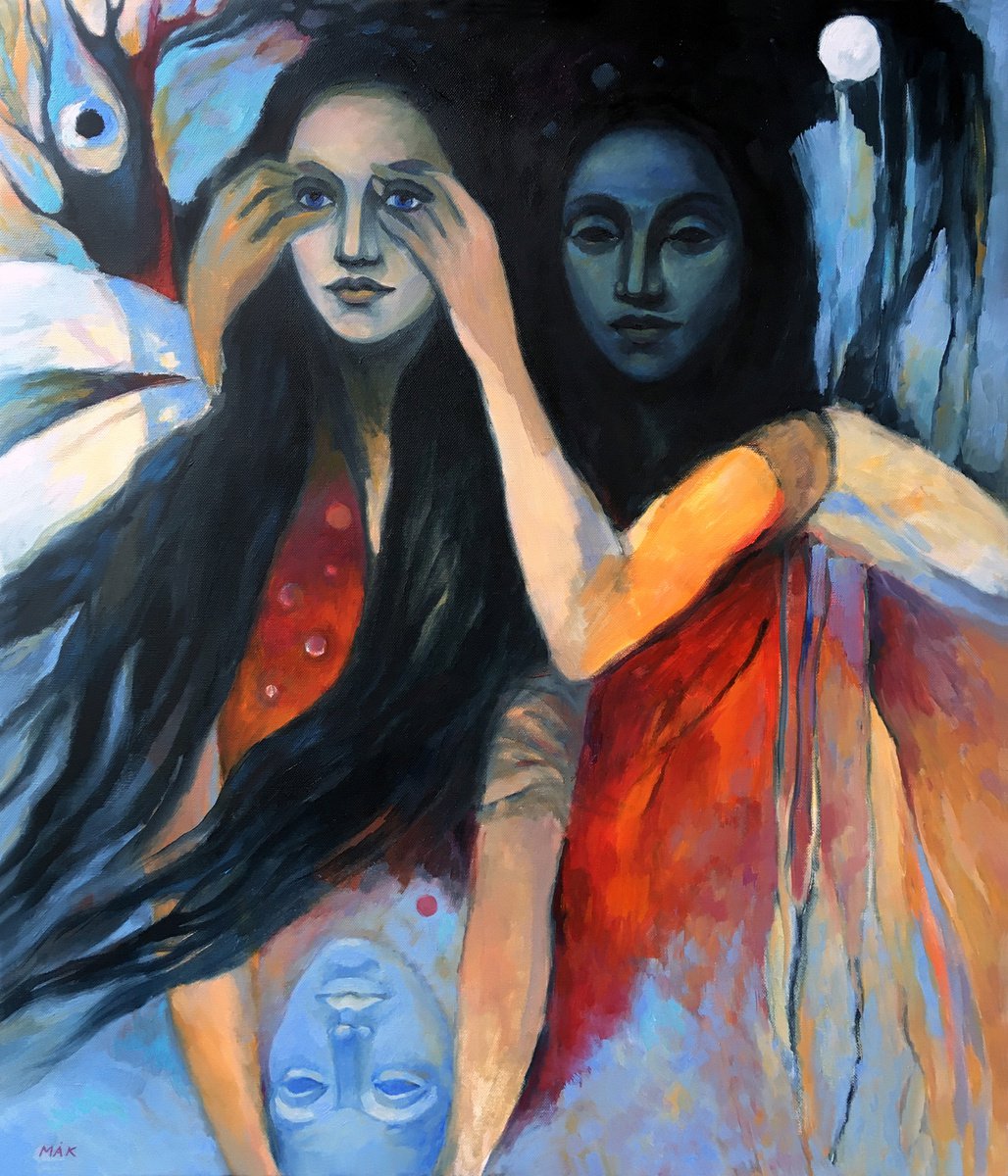 BURDENED WITH LIGHT - surreal figurative artwork with women and masks in blue, red and ind... by Irene Makarova