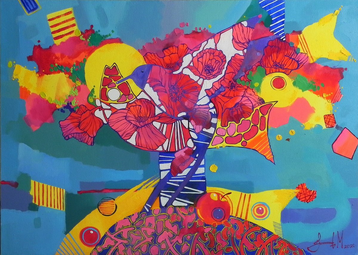 Abstract Botanical Oil Painting By Mykhailo Novikov, 28 X 20", - Dream Of Flying - ?, Original Artwork