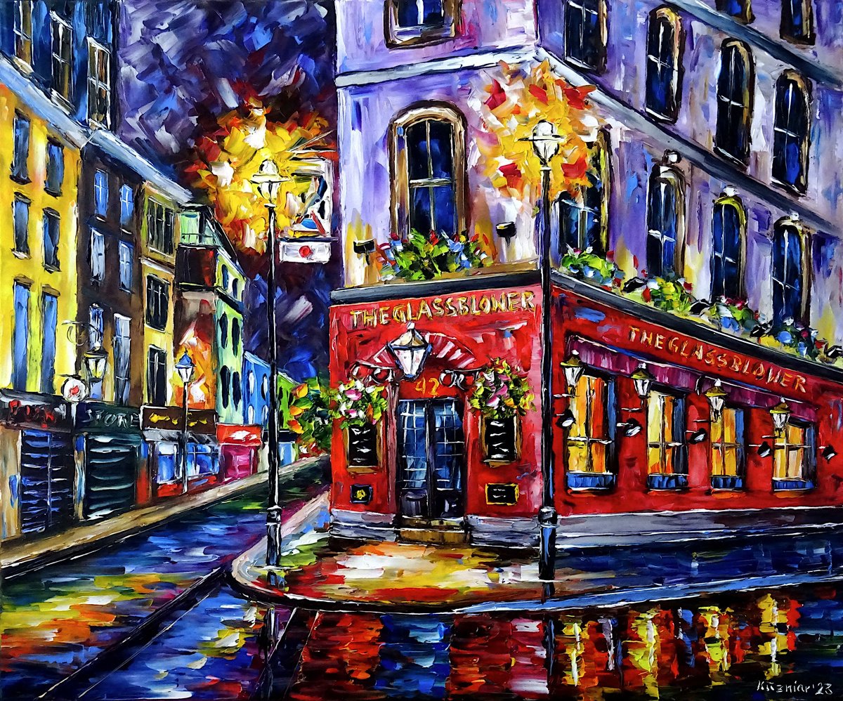 Expressive Cityscapes Oil Painting By Mirek Kuzniar, 24 X 20", The Glassblower Pub, Original Artwork