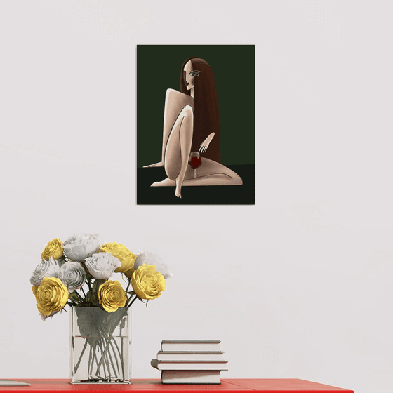 Woman and wine, stylish digital fashion illustration, brunette woman, glass of red wine