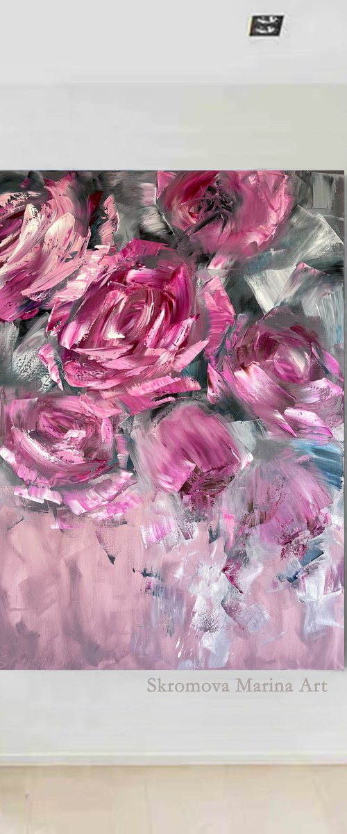 MIXED FEELINGS - Huge painting with flowers. Large abstract roses by Marina Skromova