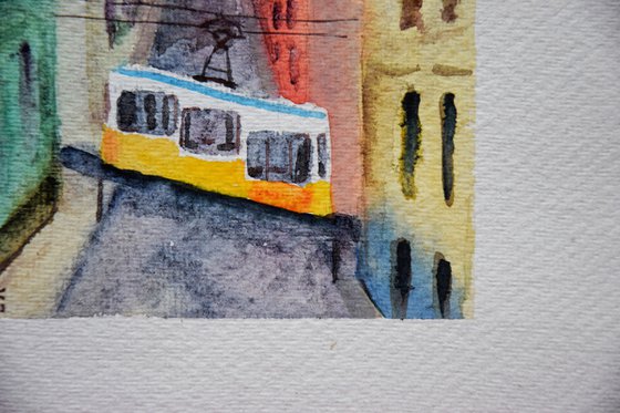 Lisbon small watercolor painting, yellow tram original painting, Portugal wall art