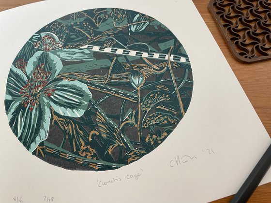 Clematis Cage - Nature Linocut Print - Reduction Print