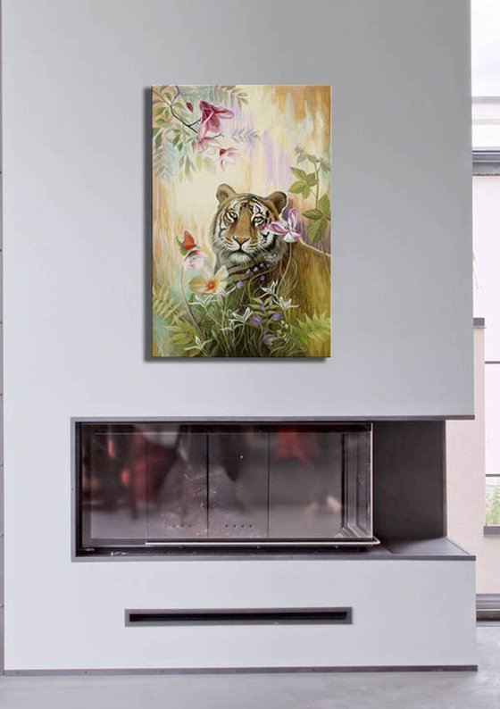 "Confluence with nature", tiger painting, animal art, floral painting