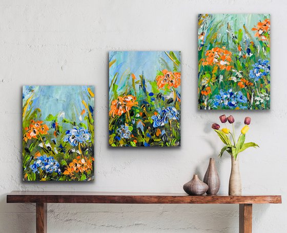 Oranje Blauwe Bloemen in Abstractie - Triptych