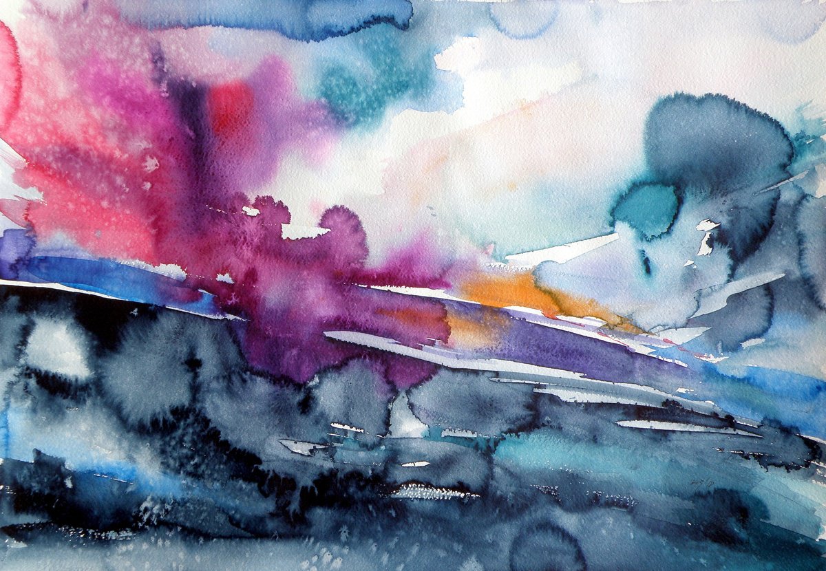 Abstract Landscape Watercolour By Kovacs Anna Brigitta, 20 X 28", Wintertime Landscape, Original Artwork