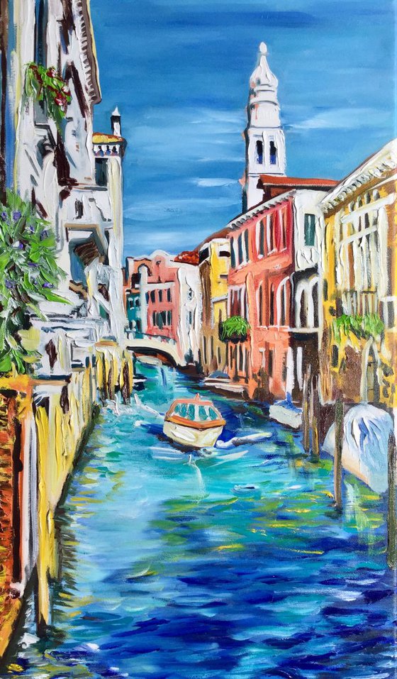 VENICE. CANAL. BOATS. WATER REFLECTIONS. Modern oil painting .