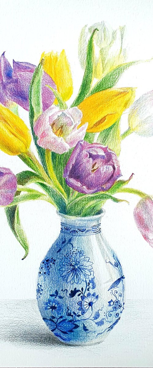 Realism yellow violet tulips in delft vase. by SoNata Art