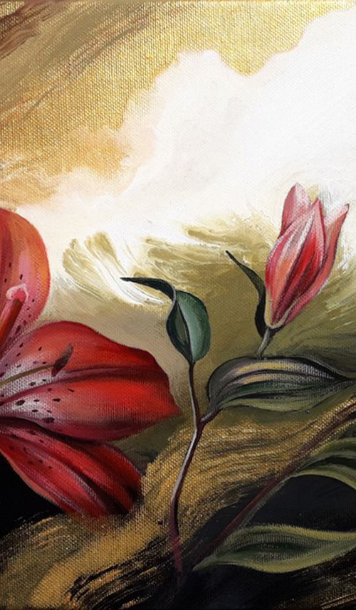 "Crimson fragrance", lilies flowers art, floral painting, mixed media art by Anna Steshenko