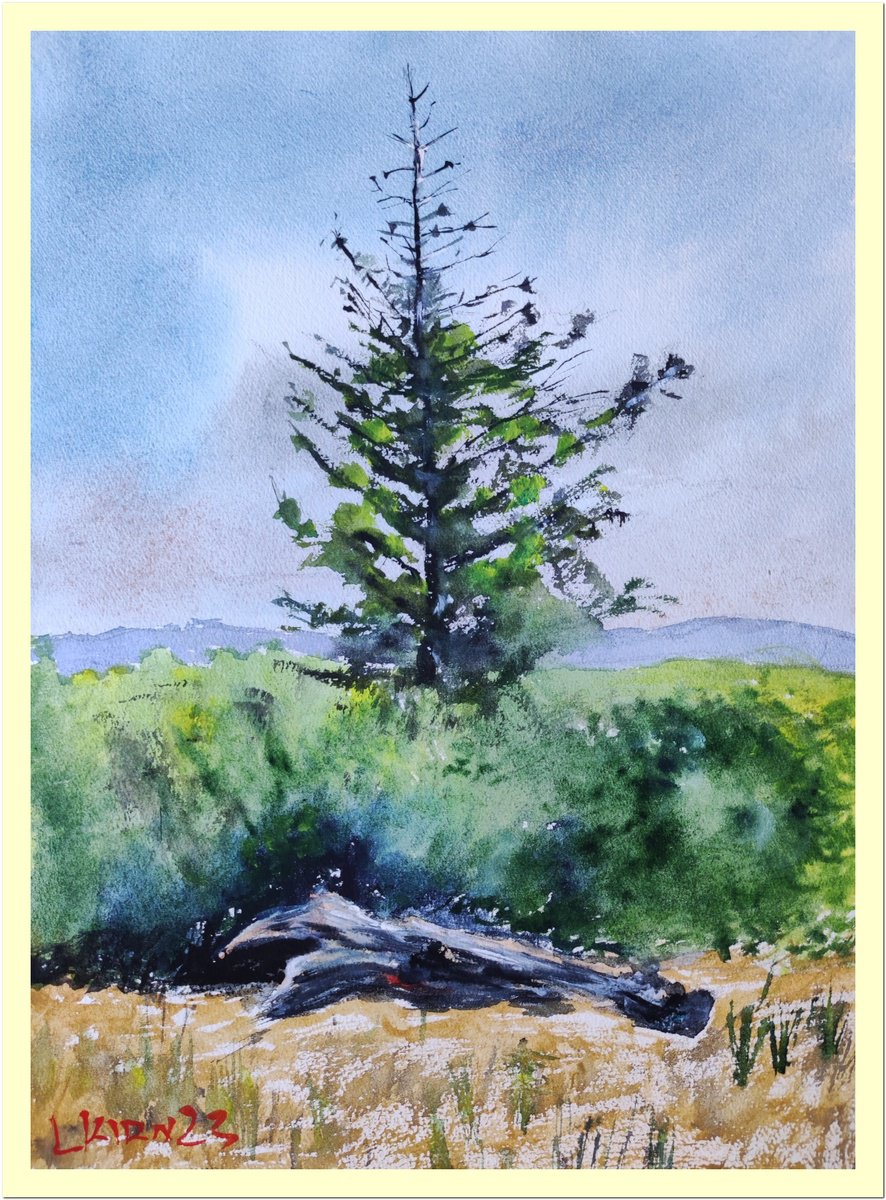 Impressionistic Landscape Watercolour By Leonid Kirnus, 10 X 14", Mountain Tree, Original Artwork