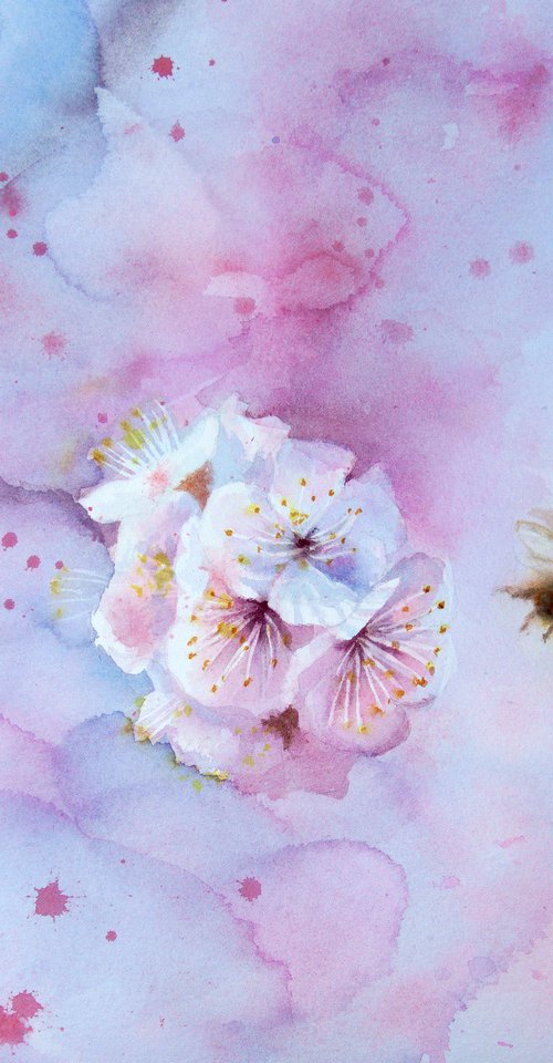 Cherry Blossom and Bumblebee by Olga Beliaeva Watercolour
