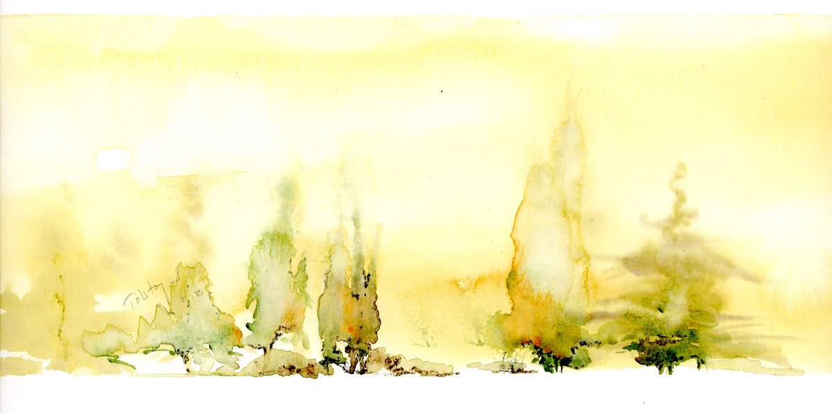 Impressionistic Botanical Watercolour By Alex Tolstoy, 8 X 4, Trees Through The Window 2, Original Artwork