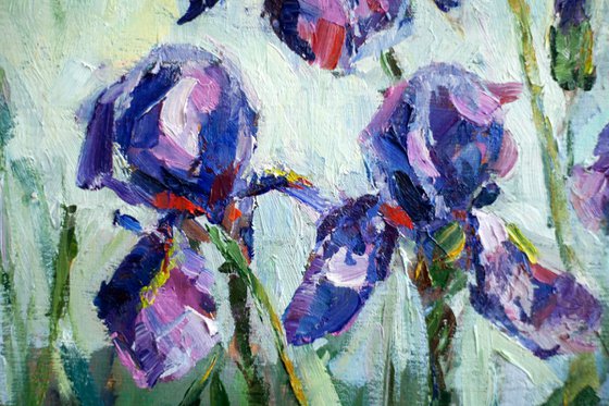 Irisis. Study. Original oil painting. Small flowers purple landscape impressionism etude colors green decor interior