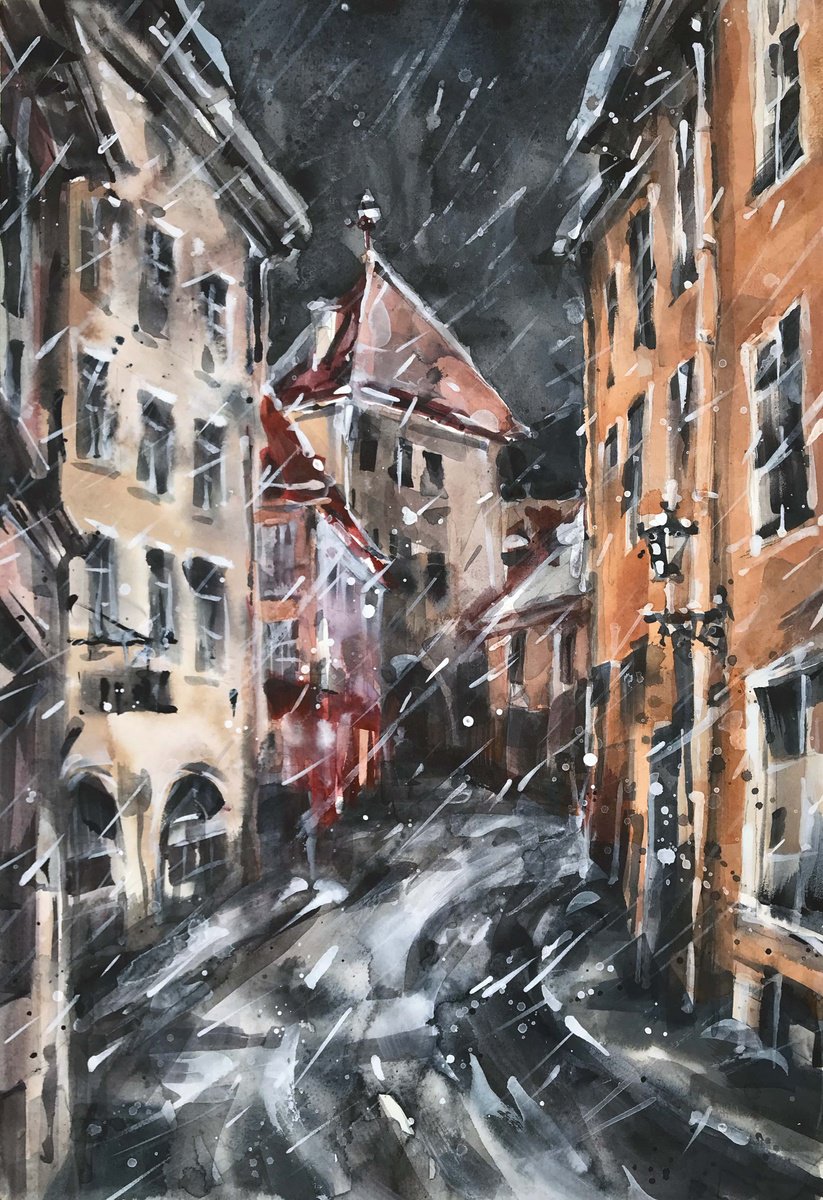 Expressive Cityscapes Watercolour By Galina Poloz, 11 X 15, Snow Street., Original Artwork