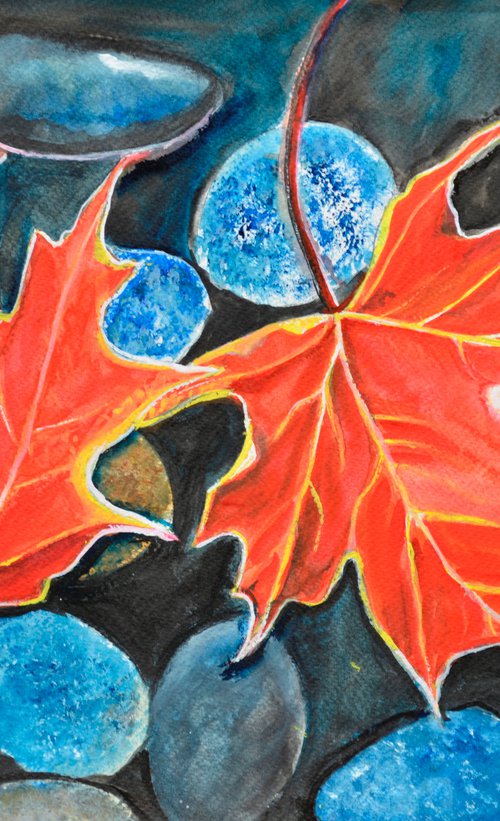 Fall Autumn Leaves on pebbles landscape watercolor painting by Manjiri Kanvinde