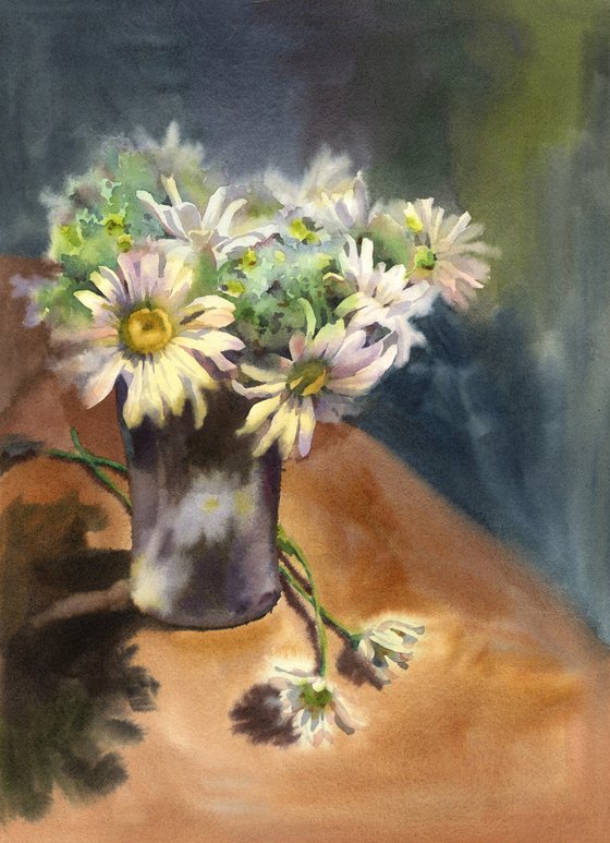 Ukrainian watercolor. Chamomiles in a glass. Stolen spring