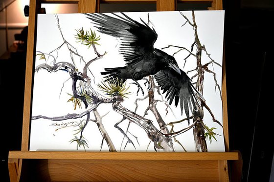 Flying Crow in the Forest