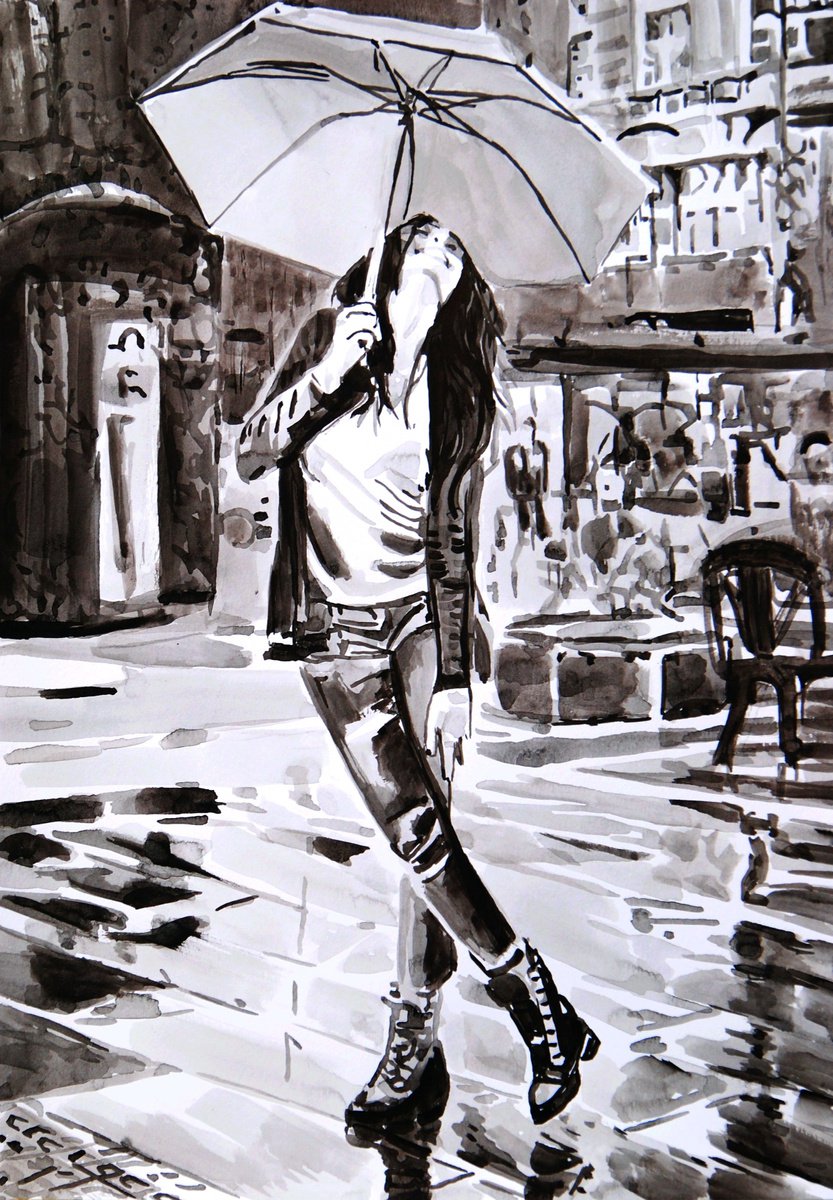 Girl with umbrella / 42 x 29.7 cm by Alexandra Djokic