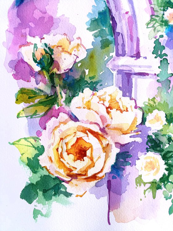 Bright summer landscape "Bushes of yellow roses at the walls and arches of an ancient castle" original watercolor painting