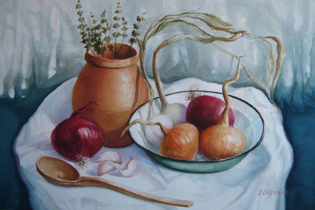Expressive Still Life Watercolour By Elena Oleniuc, 22 X 15, Still Life - Onions, Original Artwork