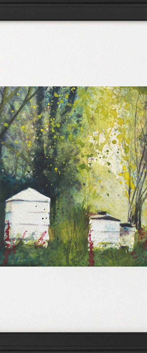 Seasons -  Spring Bee hives & Foxgloves Framed by Teresa Tanner