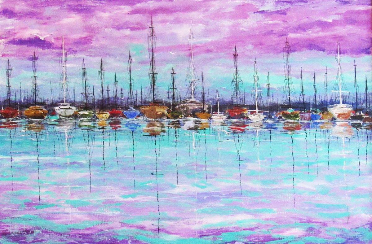 Abstract Landscape Acrylic Painting By William F. Adams, 36 X 24", Sunset At Falmouth, Original Artwork