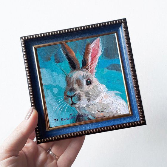 Bunny painting original oil framed 4x4 -