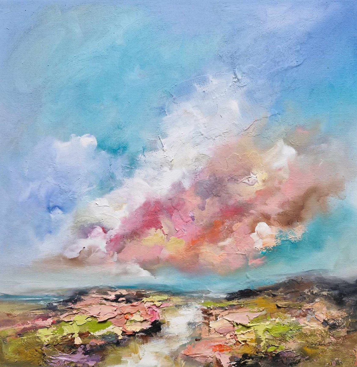 Abstract Landscape Oil Painting By Anna Schofield, 16 X 16, New Future Ahead, Original Artwork