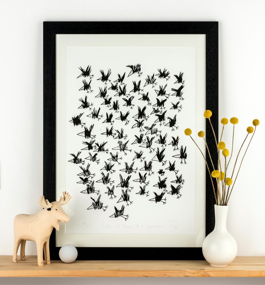 Lots of Crows and a Sparrow - lino print by Melanie Wickham