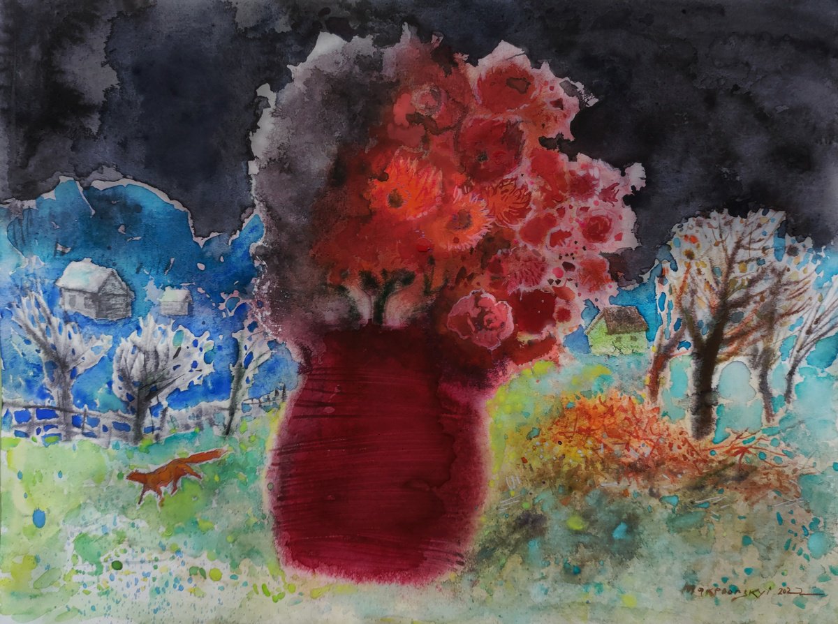 Impressionistic Botanical Watercolour By Pavlo Makedonskyi, 21 X 17", Night, Original Artwork