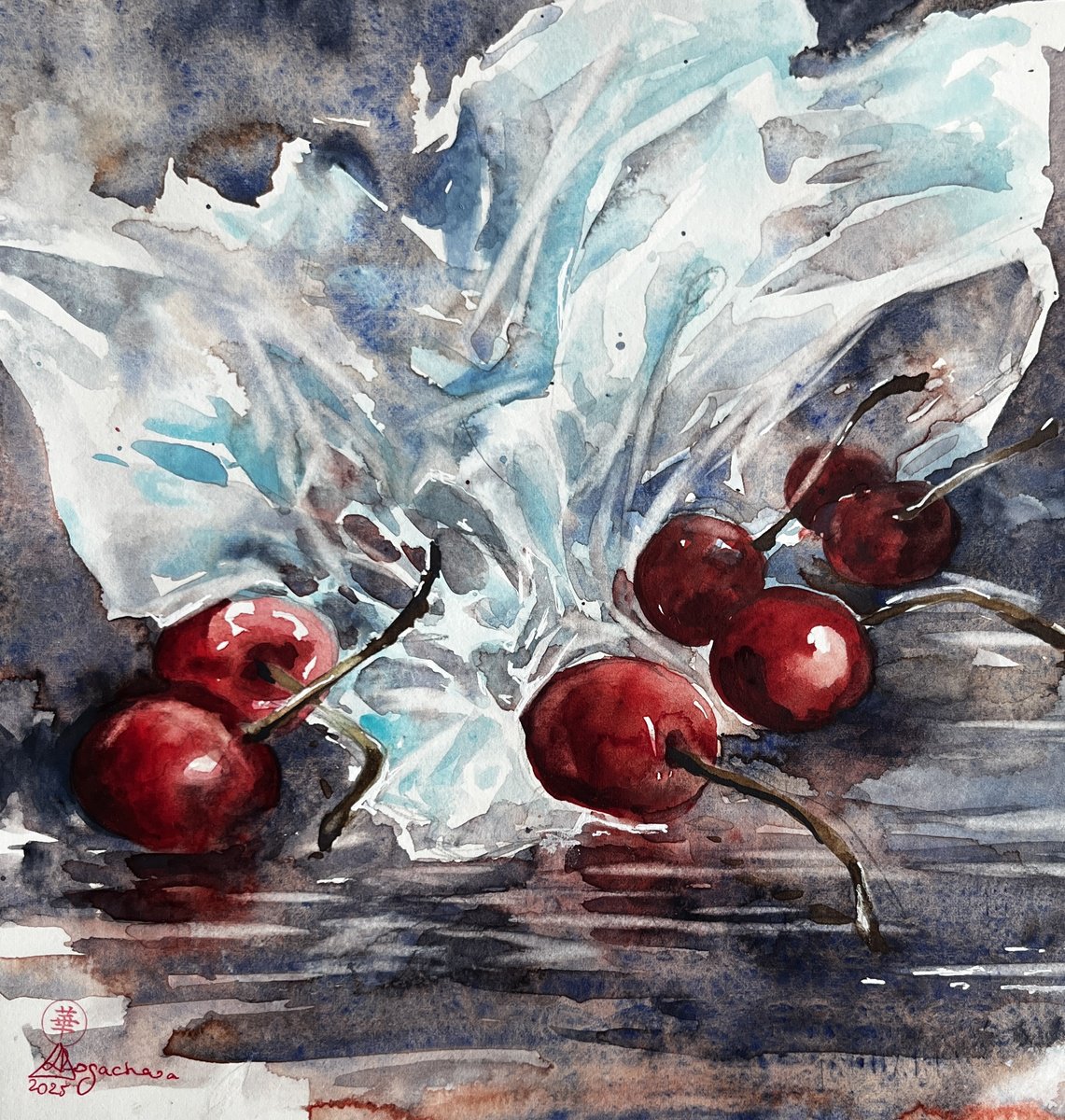 Impressionistic Still Life Watercolour By Larissa Rogacheva, 8 X 8", Red N3, Original Artwork